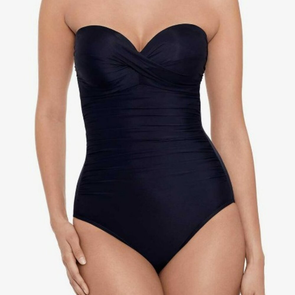 MIRACLESUIT Rock Solid Madrid Bandeau One-Piece Strapless Swimsuit Black Sz 8